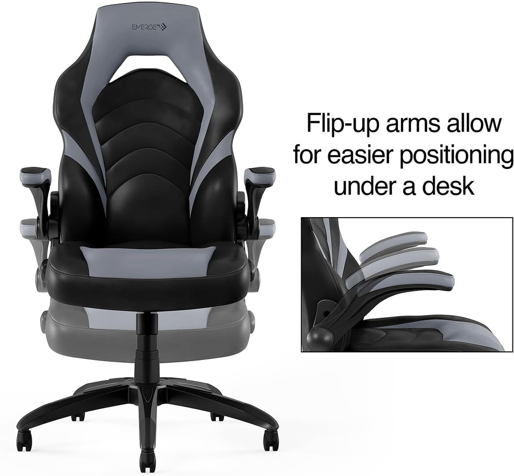 STAPLES Emerge Vortex Gaming Chair, Adjustable Height, Swivel Black | Racing-style design with sturdy swivel base, ideal for gaming or office desk setups.