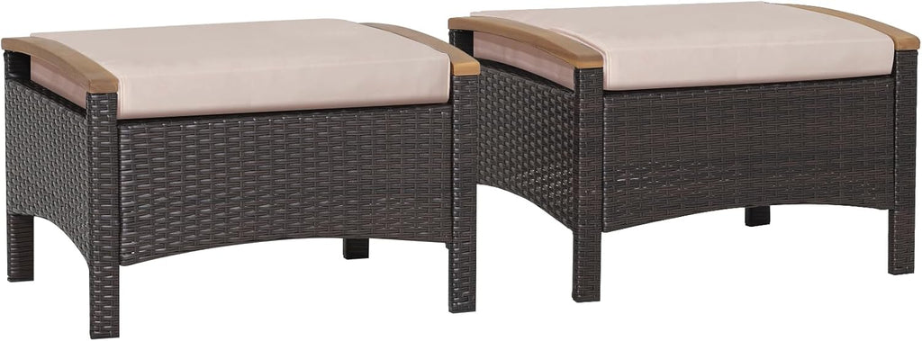 DORTALA Outdoor Ottoman Wicker 2 Piece, Square Patio Ottomans PE Rattan Foot Rest Footstool with Cushions for Couch, Chair, Beige