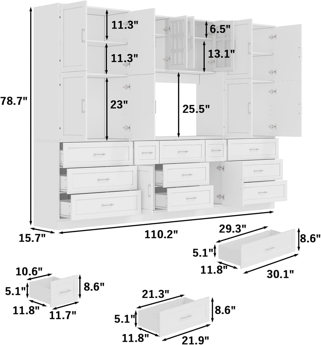 Timechee Cupboard, Kitchen Pantry Storage Cabinet, White Modern Food Pantry Cabinet with 8 Cabinets, 11 Drawers and 4 Display Doors for Living Room, Kitchen(15.7" D x 110.2" W x 78.7" H)