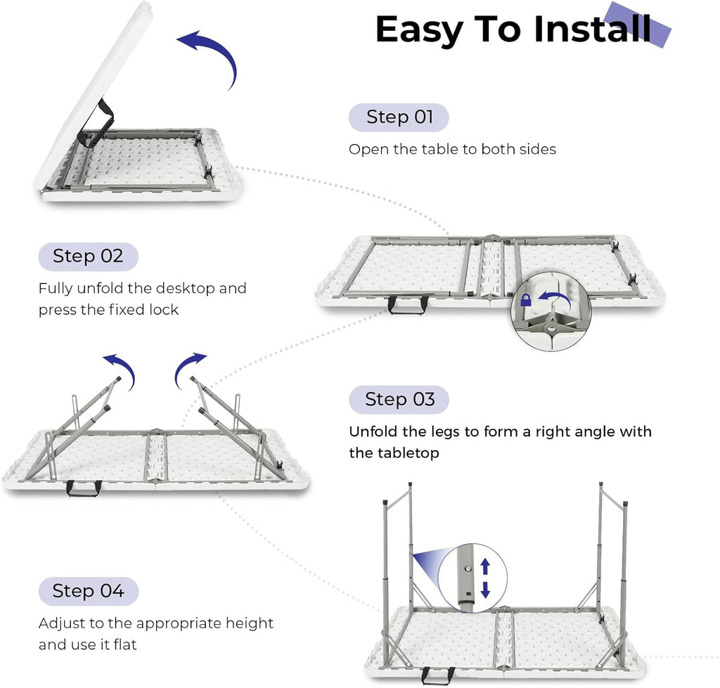 Folding Table 4 Foot,Portable Heavy Duty Plastic Utility Table,White | Adjustable Height,HDPE Tabletop,Small Fold-in-Half Design,Carrying Handle,Indoor Outdoor Use for Camping,Party