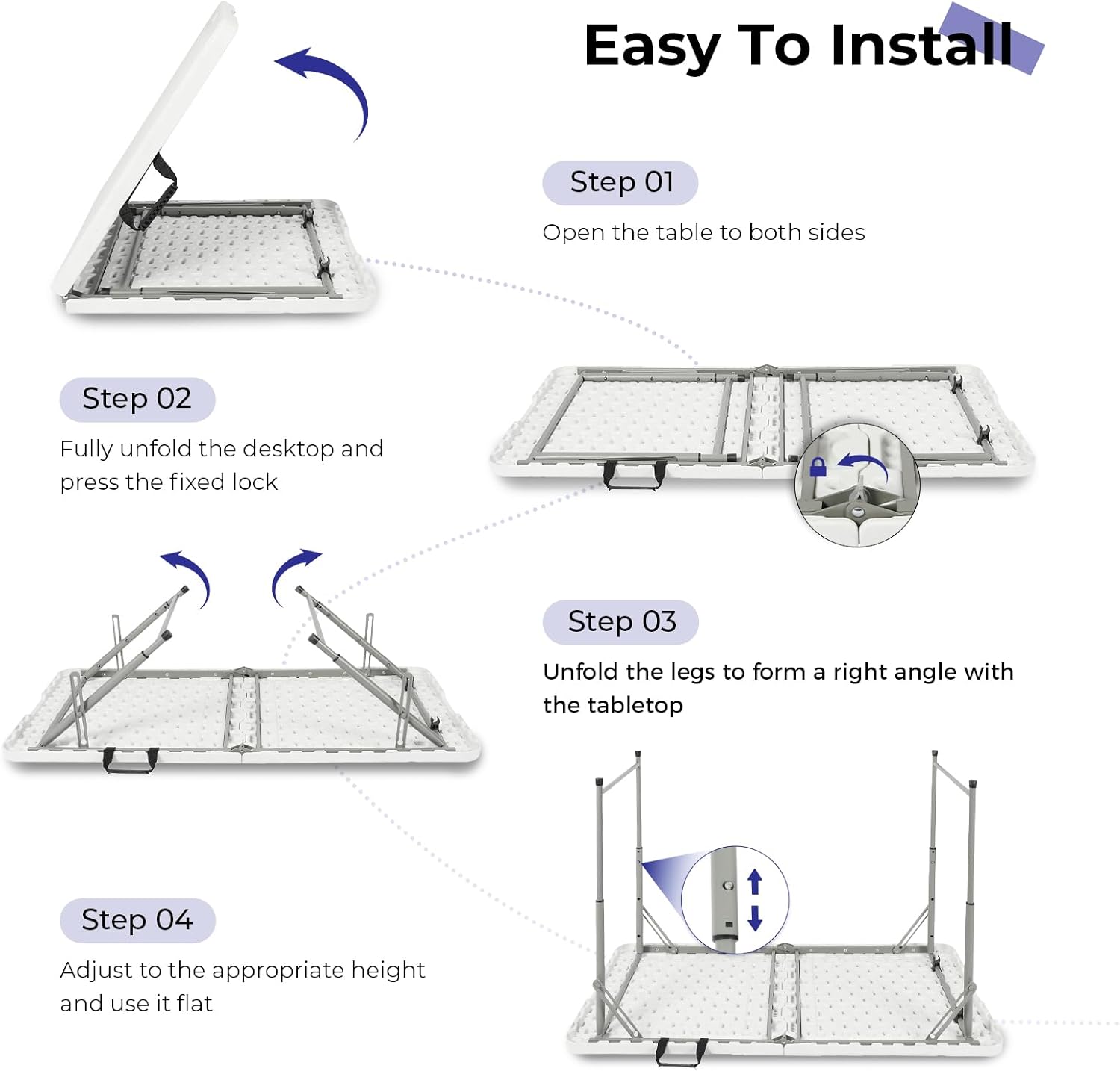 Folding Table 4 Foot,Portable Heavy Duty Plastic Utility Table,White | Adjustable Height,HDPE Tabletop,Small Fold-in-Half Design,Carrying Handle,Indoor Outdoor Use for Camping,Party