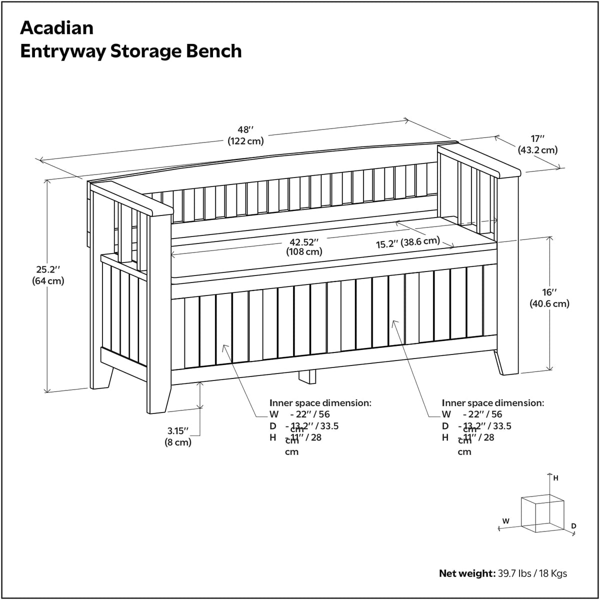 SIMPLIHOME Acadian Solid Wood 48 inch Wide Storage Bench that Seats 2 and 36 inch Wide Storage Cabinet in Distressed Grey for the Living Room, Entryway, and Family Room, Transitional Style