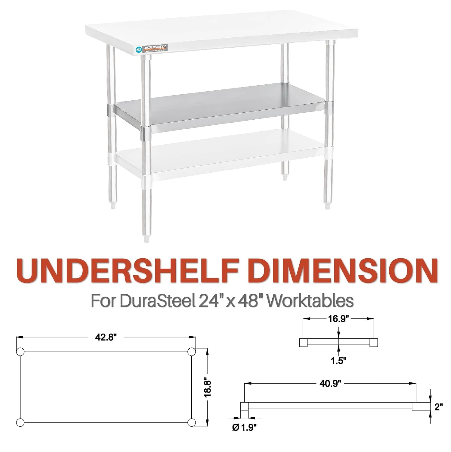 DuraSteel Galvanized Under Shelf for Work Tables - Extra Adjustable Lower Shelf for 24" x 48" Stainless Steel and Wooden Worktables - Fits for use in Restaurant, Warehouse, Home, Kitchen, Garage