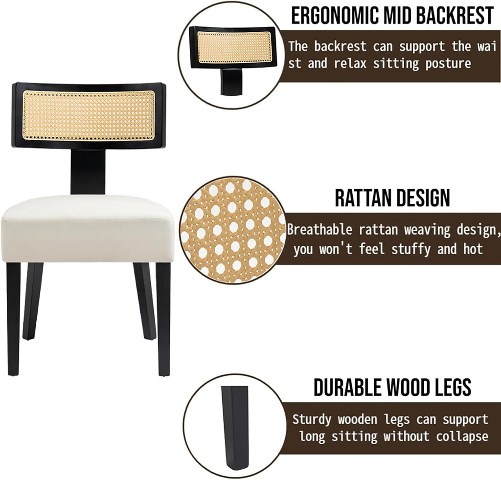 Farmhouse Rattan Dining Chairs Set of 2, Upholstered Modern Dining Room Chairs with Curved Cane Back, Black Wood Frame Armless Side Chair for Kitchen (Beige Fabric)
