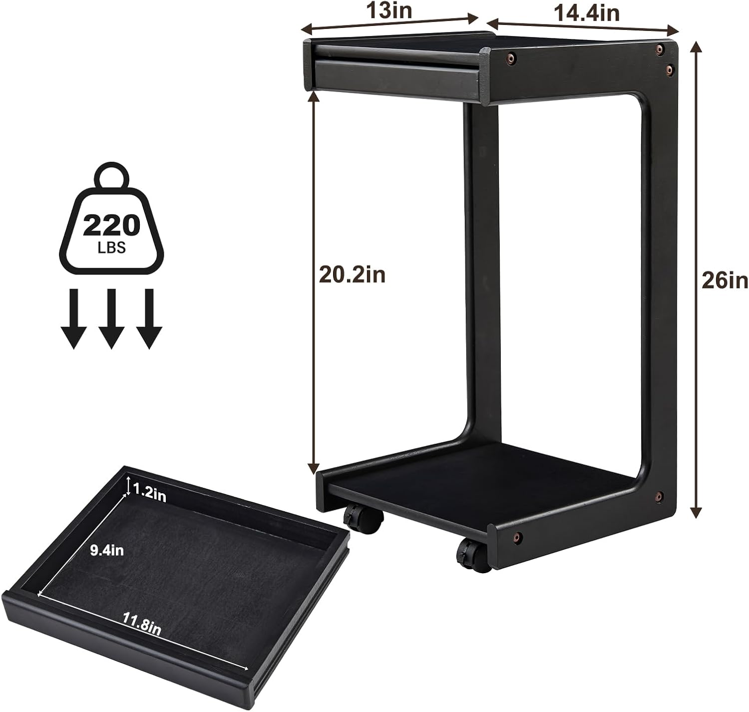 Uniclinens Rolling Side Table for Sofa - C Shape Couch End Table with Wheels, Mobile Wooden Slim Sofa Tray, Movable Small Couch Desk for Living Room Bedroom, Black