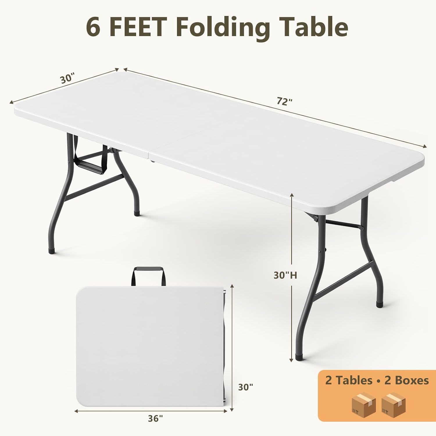 6FT Folding Table 2 Pack, Heavy Duty Fold in Half Plastic Tables with Carry Handle, Portable Indoor Outdoor Utility Table for Party, Picnic, Camping, Banquet, Wedding, RV Travel