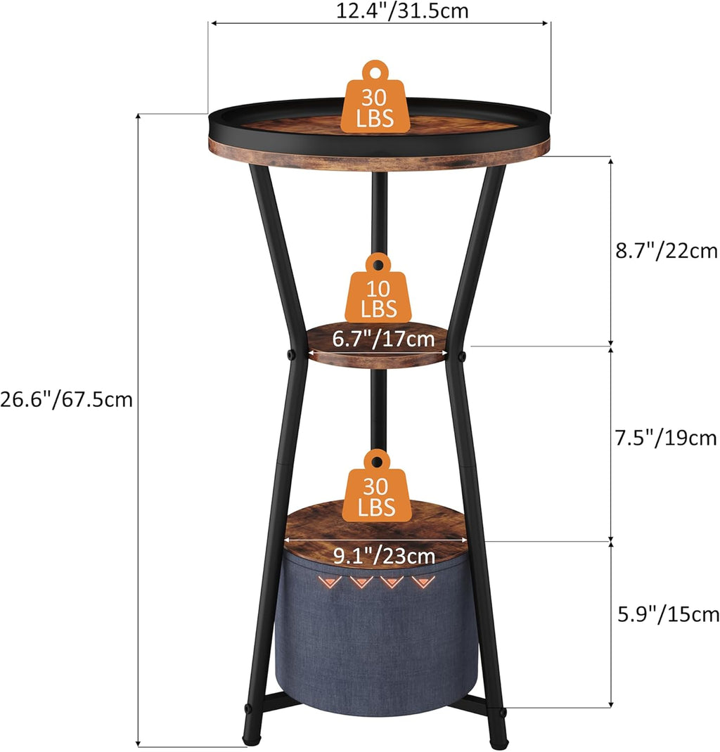 Yusong Round Side Table, Small Drink Table for Small Spaces, 3-Tier Industrial End Table, Accent Nightstand Bedside Table for Living Room, Bedroom, Sofa Couch, Rustic Brown