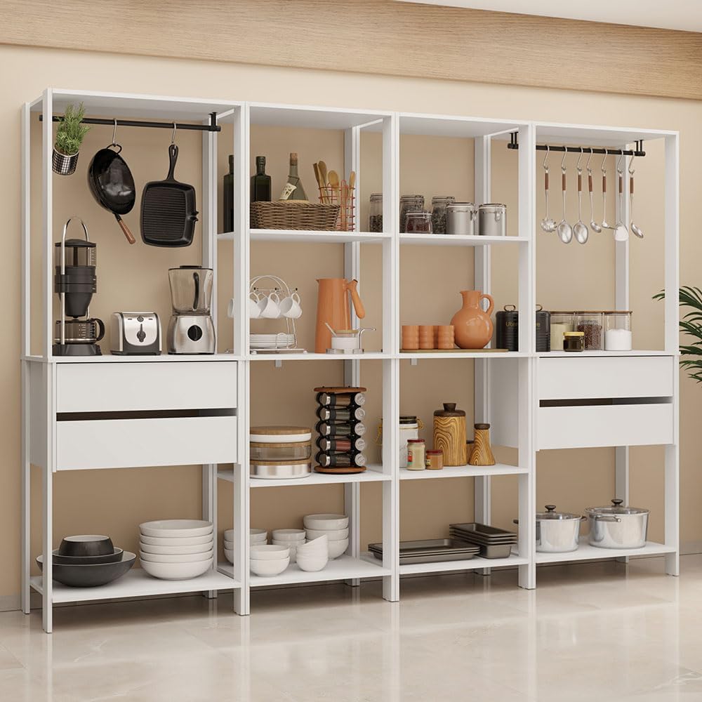 Madesa Kitchen Pantry Storage Rack with 4 Drawers, Open Shelves and Hanging Spaces 102" L Multiuse Modular Cabinet for Kitchen Organization - White