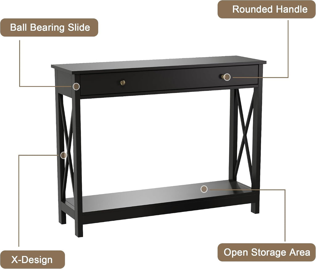 Treocho Black Console Table with Drawer and Storage Shelves, Foyer Sofa Table Narrow for Entryway, Living Room, Hallway | Entryway, Living Room, Hallway, Antique, Black