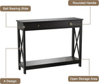 Treocho Black Console Table with Drawer and Storage Shelves, Foyer Sofa Table Narrow for Entryway, Living Room, Hallway | Entryway, Living Room, Hallway, Antique, Black