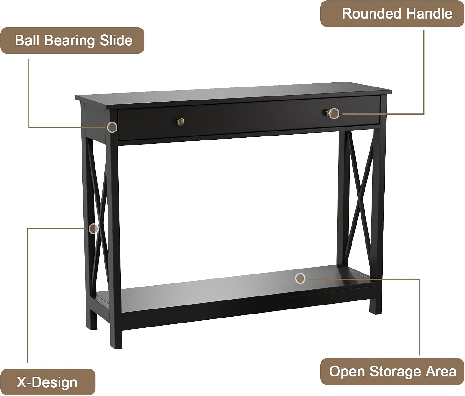 Treocho Black Console Table with Drawer and Storage Shelves, Foyer Sofa Table Narrow for Entryway, Living Room, Hallway | Entryway, Living Room, Hallway, Antique, Black