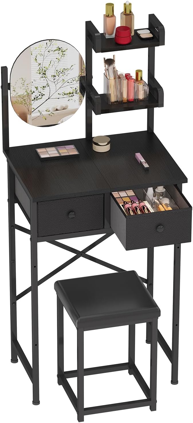 X-cosrack Small Black Makeup Vanity Desk 19.7''W with Adjustable Mirror and Chair, Space-Saving Vanity Table with 2 Fabric Drawers 2 Opening Shelves for Girls Gifts, Bedroom, Small Spaces, Black
