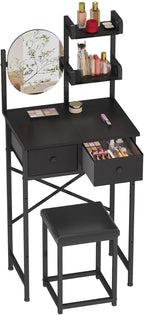 X-cosrack Small Black Makeup Vanity Desk 19.7''W with Adjustable Mirror and Chair, Space-Saving Vanity Table with 2 Fabric Drawers 2 Opening Shelves for Girls Gifts, Bedroom, Small Spaces, Black