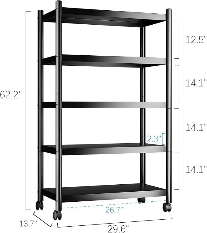 VETALLO 5-Shelf Utility Metal Shelving Storage Rack Adjustable Heavy Duty Shelves Standing Units with Wheels, for Home Pantry,Garage,Closet,Kitchen,Laundry,Bathroom (29.6" L x 13.7" W x 62.2" H)