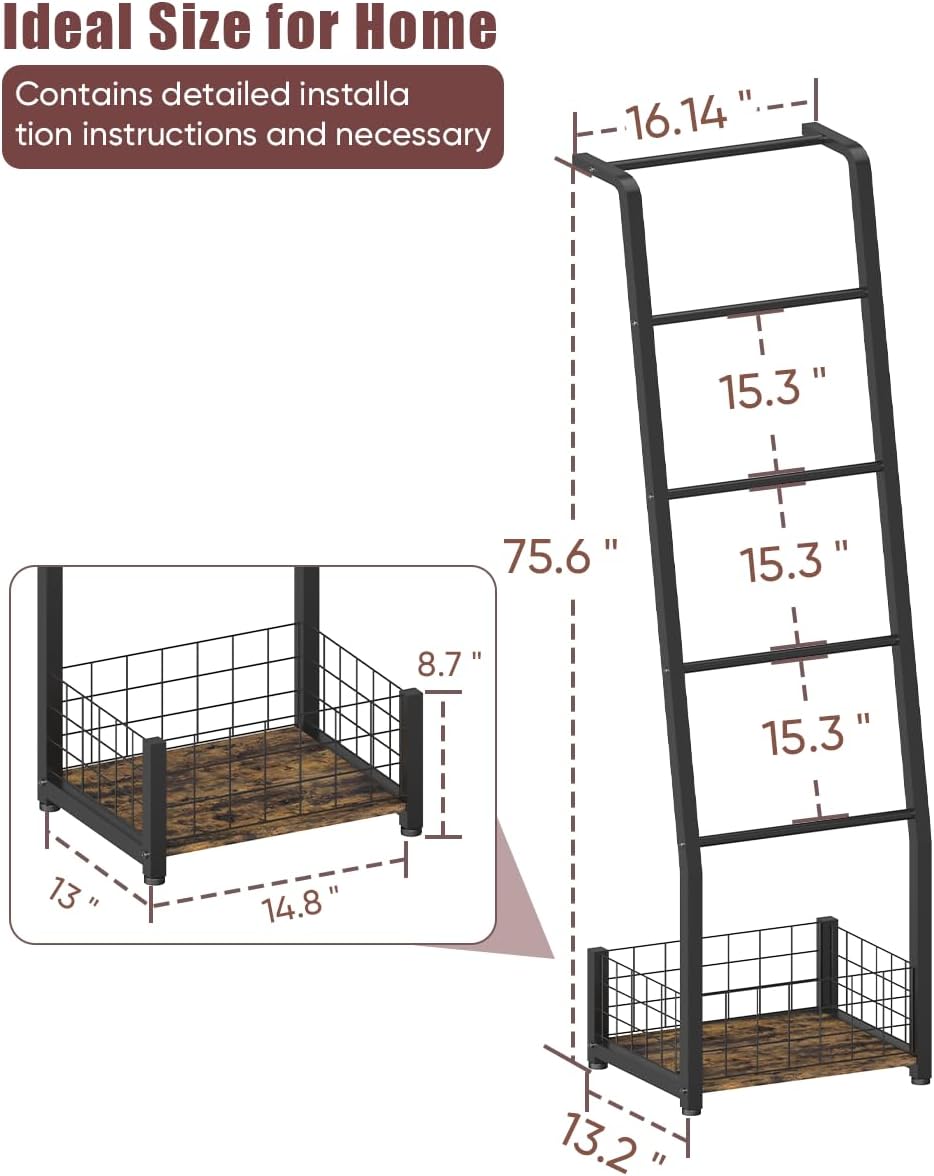 6.3ft Blanket Ladder with Storage Basket, 5 Tier Decorative Ladder Shelf Stand for Living Room & Bedroom, Wall-Leaning Blanket Holder Quilt Rack for Home Décor, Rustic Brown & Black