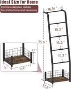 6.3ft Blanket Ladder with Storage Basket, 5 Tier Decorative Ladder Shelf Stand for Living Room & Bedroom, Wall-Leaning Blanket Holder Quilt Rack for Home Décor, Rustic Brown & Black