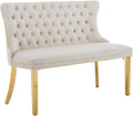 Beige Velvet Dining Bench with Back, Tufted Banquette Seating, Gold Legs | Upholstered loveseat bench; tufted back; nailhead trim; 500 lb capacity; foam and spring seat; dining room or entryway