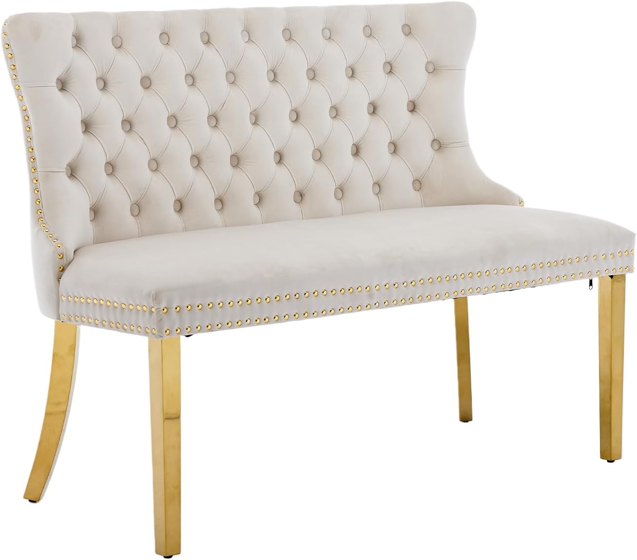 Beige Velvet Dining Bench with Back, Tufted Banquette Seating, Gold Legs | Upholstered loveseat bench; tufted back; nailhead trim; 500 lb capacity; foam and spring seat; dining room or entryway