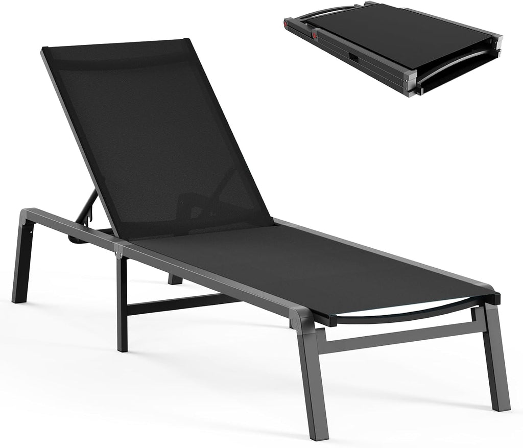 Ciokea Aluminum Chaise Lounge Ourdoor, Foldable & Assemble Free Outdoor Lounge Chair with 5 Adjustable Backrest, Patio Lounge Chair for Outside Poolside Beach Pool, Black