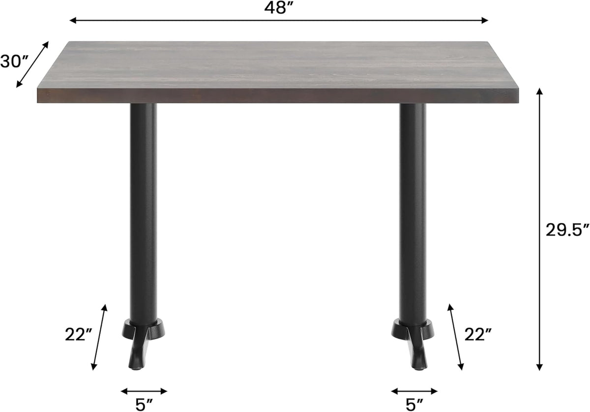 Flash Furniture Bennett 30" x 48" Solid Wood Commercial Indoor Tabletop in Dark Brown with Dual 5" x 22" Dining Height Black Cast Iron T Bases, 400 lb. Static Capacity