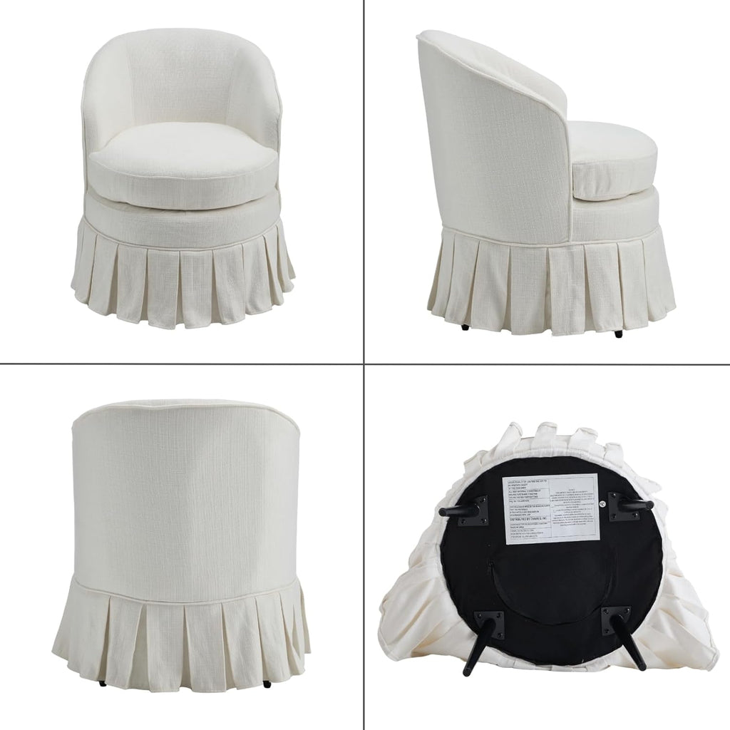chairus Upholstered Dining Chairs Set of 2, Linen Barrel Dining Room Chairs with Pleated Skirt & Metal Legs, Modern Farmhouse Slipcovered Side Kitchen Chairs, Cream White