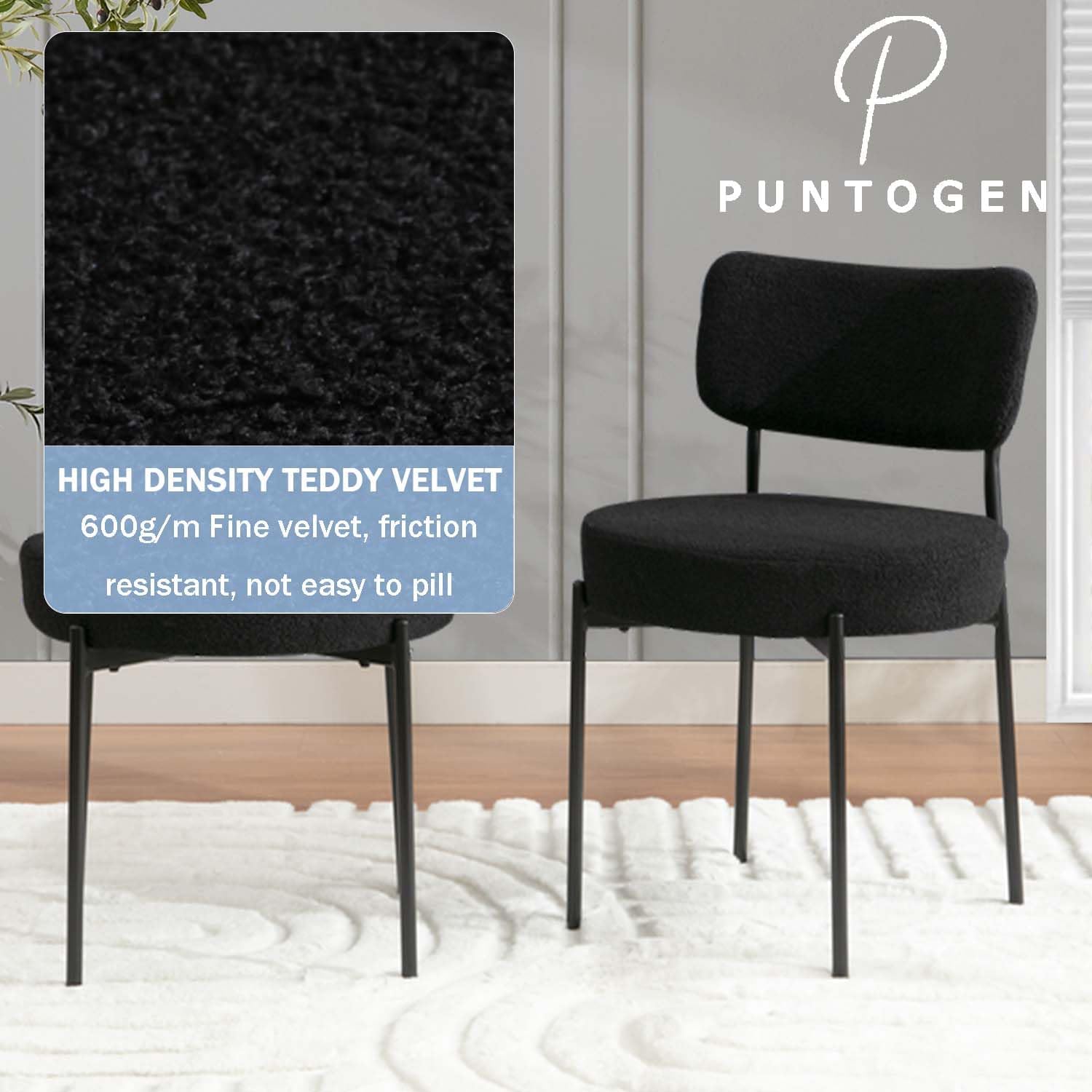 2.7" Black Dining Chairs Set of 6, Boucle Dining Chair with Curved Backrest & Metal Legs, Kitchen Chairs with Adjustable Non-Slip Foot Pads, Mid Century Dining Chair for Living Room