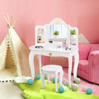 HONEY JOY Kids Vanity, Crown Themed Toddler Dressing Makeup Table and Chair Set w/Drawer & Tri-Folding Mirror, Detachable Mirror, Princess Pretend Play Girls Vanity Set with Mirror and Stool(White)