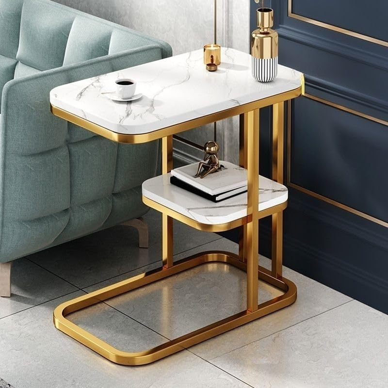 End Table, Modern Marble Side Table Sofa Table with Storage Shelf, Narrow Nightstand for Living Room Bedroom Office (Typ B, Gold-White)