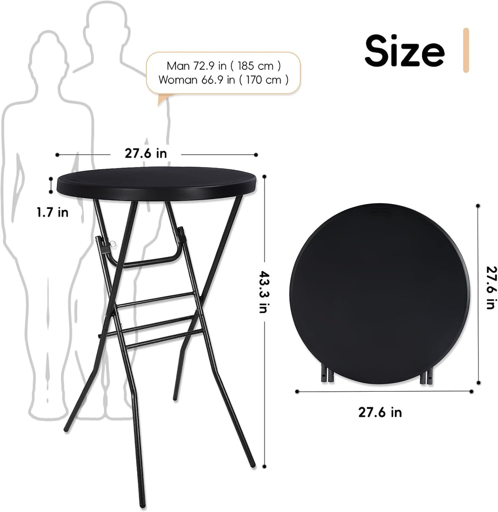 pollilar Cocktail Table 28in Portable Folding Bar Height Table, Compact Round High Top Plastic & Steel Bistro with Removable Legs, Indoor Outdoor RV Patio Catering Parties Commercial Events-Black