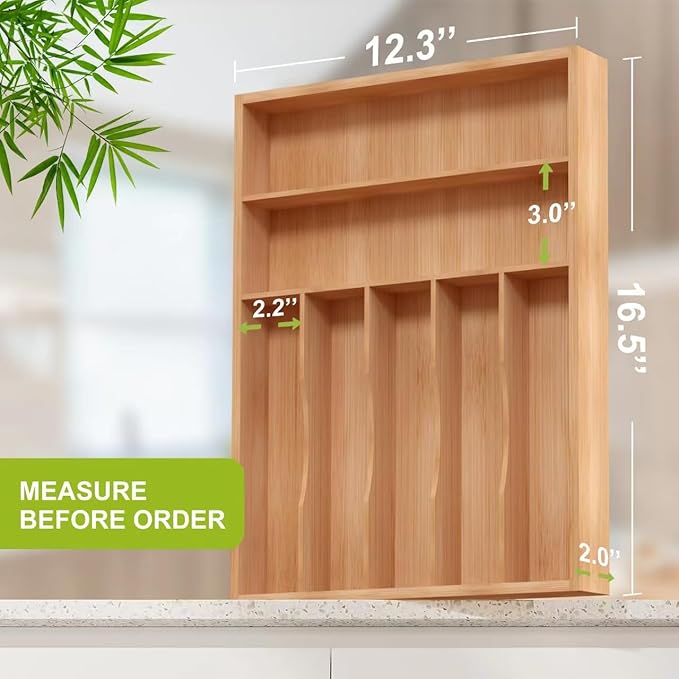 Bamboo Utensil Drawer Organizer, Silverware Tray Organizer, Kitchen Drawer Organizer for Flatware Cutlery, Silverware Tray for Drawer (brown, Large 16.5x12.3 Inch)