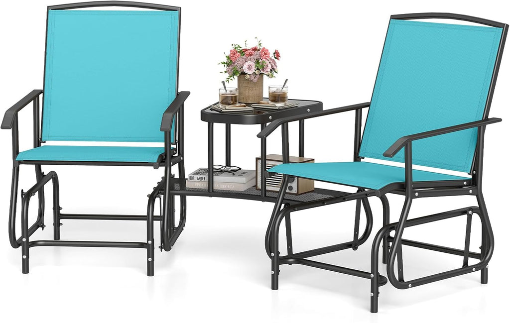 Tangkula 2-Seater Outdoor Glider Bench with 2-Tier Center Table (Turquoise) | Breathable Mesh Fabric Seat & Back, Footrest, Storage Shelf, Heavy-duty Metal Frame for Garden, Porch, Backyard