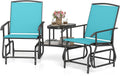 Tangkula 2-Seater Outdoor Glider Bench with 2-Tier Center Table (Turquoise) | Breathable Mesh Fabric Seat & Back, Footrest, Storage Shelf, Heavy-duty Metal Frame for Garden, Porch, Backyard