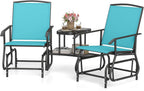 Tangkula 2-Seater Outdoor Glider Bench with 2-Tier Center Table (Turquoise) | Breathable Mesh Fabric Seat & Back, Footrest, Storage Shelf, Heavy-duty Metal Frame for Garden, Porch, Backyard