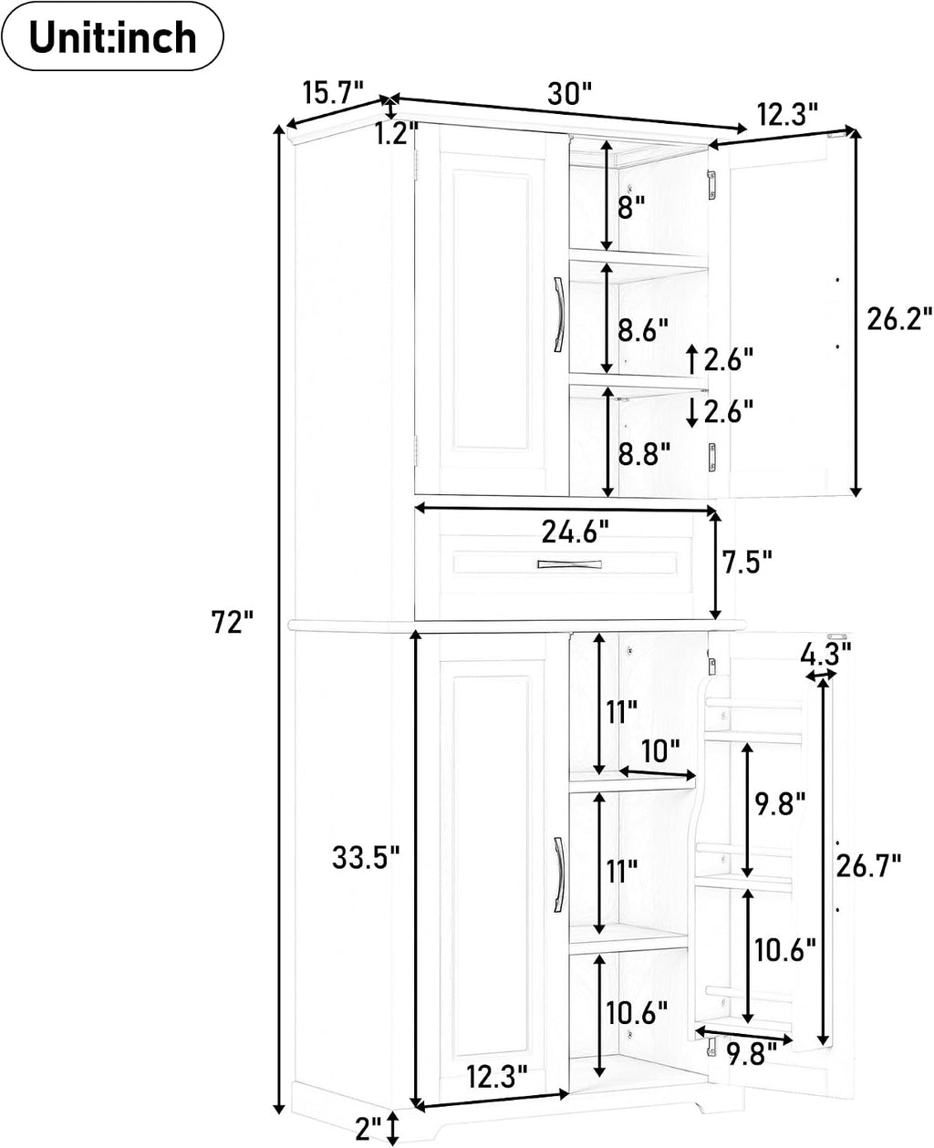 72 Inch Storage Cabinet, Tall Kitchen Pantry Cabinet with Slide Rails Drawer and Adjustable Shelf, Linen Storage Cabinet with Doors and Functional Storage Rack, for Bathroom or Kitchen, White