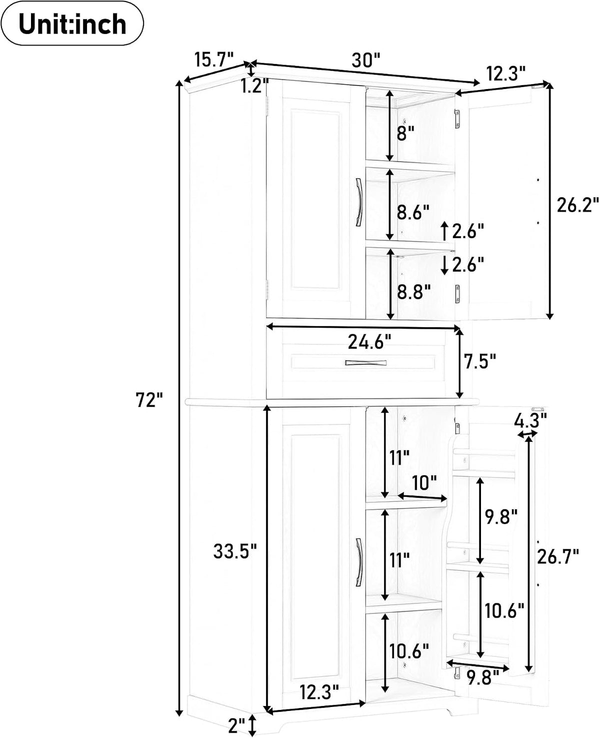 72 Inch Storage Cabinet, Tall Kitchen Pantry Cabinet with Slide Rails Drawer and Adjustable Shelf, Linen Storage Cabinet with Doors and Functional Storage Rack, for Bathroom or Kitchen, White
