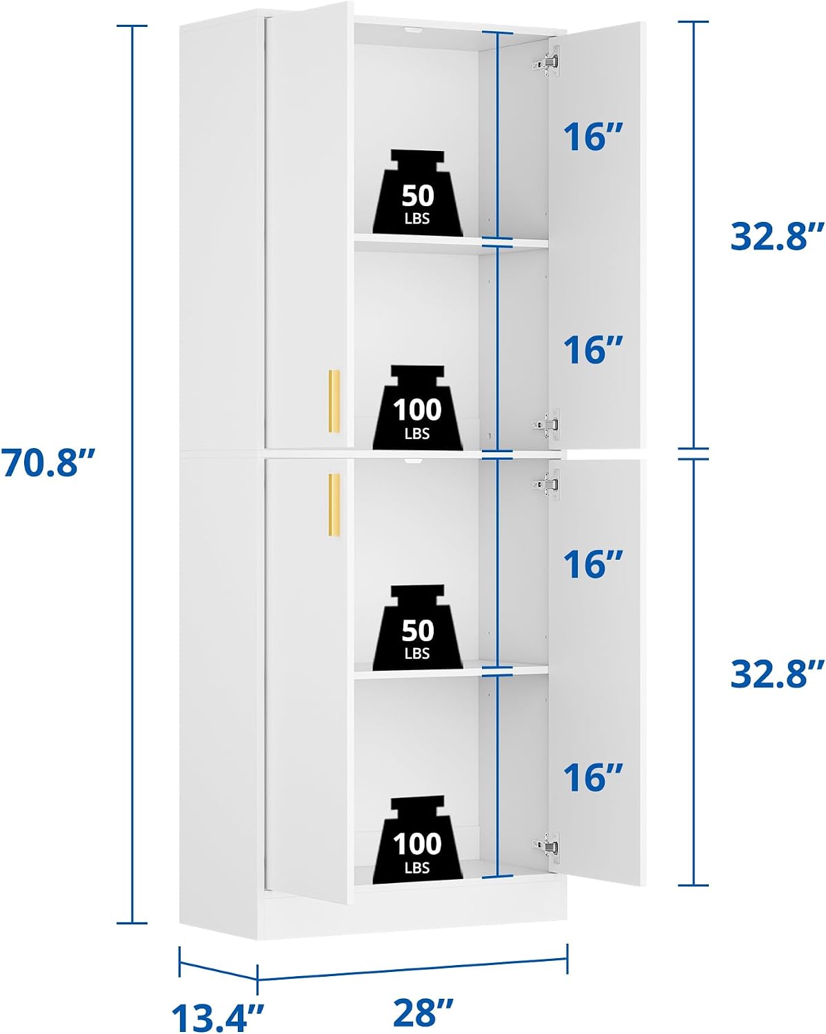 Cozy Castle Kitchen Pantry Cabinet, 71" Tall Wood Storage Cabinet with Doors and Shelves 4 Doors Freestanding Cupboard for Dining Room Living Room Furniture, White