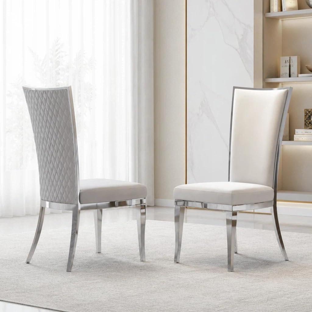 AUZ White and Silver Dining Chairs, Modern Velvet Upholstered Dining Room Chairs with High Back and Mirrored Metal Legs for Restaurant Kitchen, Set of 2