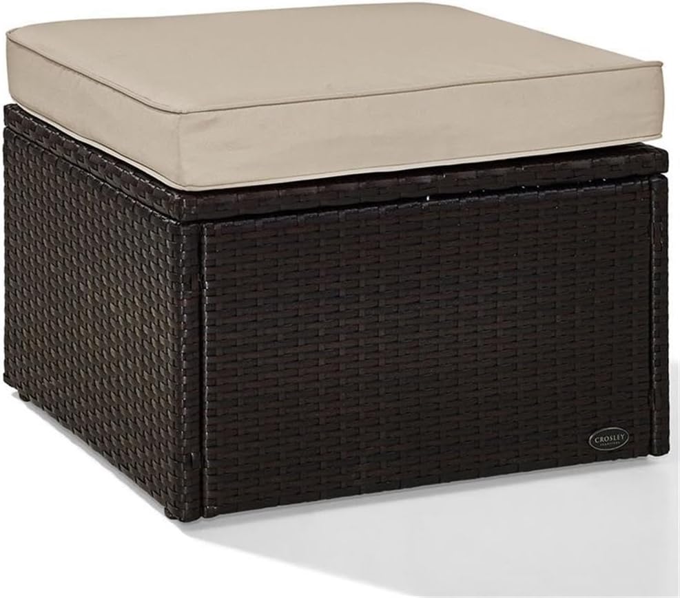 Pemberly Row Wicker Patio Ottoman, Brown Finish with Sand Cushions, Resin Wicker and Steel Frame, UV/Fade Resistant, 23" W x 23" D x 17.5" H, Outdoor Footrest for Deck, Patio, or Garden Use