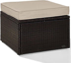 Pemberly Row Wicker Patio Ottoman, Brown Finish with Sand Cushions, Resin Wicker and Steel Frame, UV/Fade Resistant, 23" W x 23" D x 17.5" H, Outdoor Footrest for Deck, Patio, or Garden Use