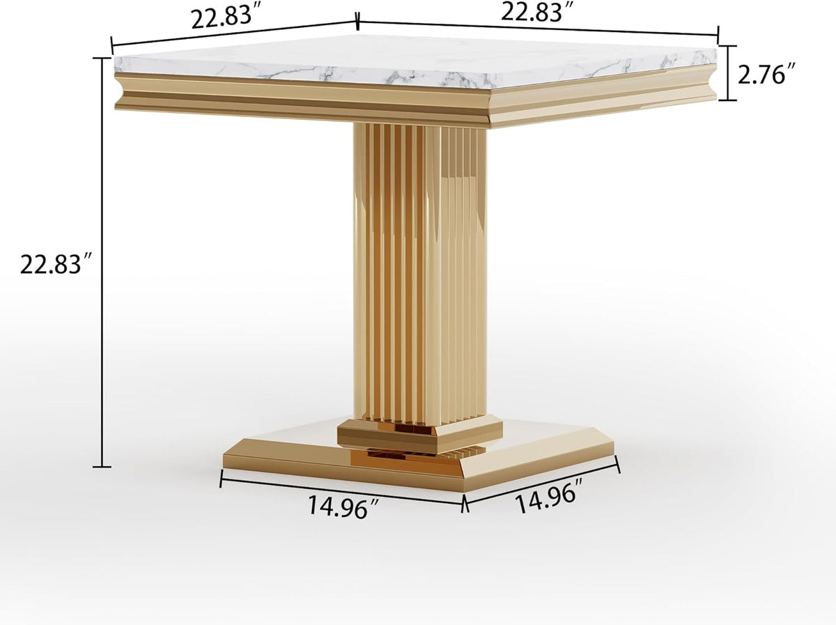 Henf 23in Square End Table Faux Marble End Table with Pillar Stainless Steel Base, Night Table White Marble top Accent Sofa Side Table for Living Room Office, Luxury White&Gold End Side Table