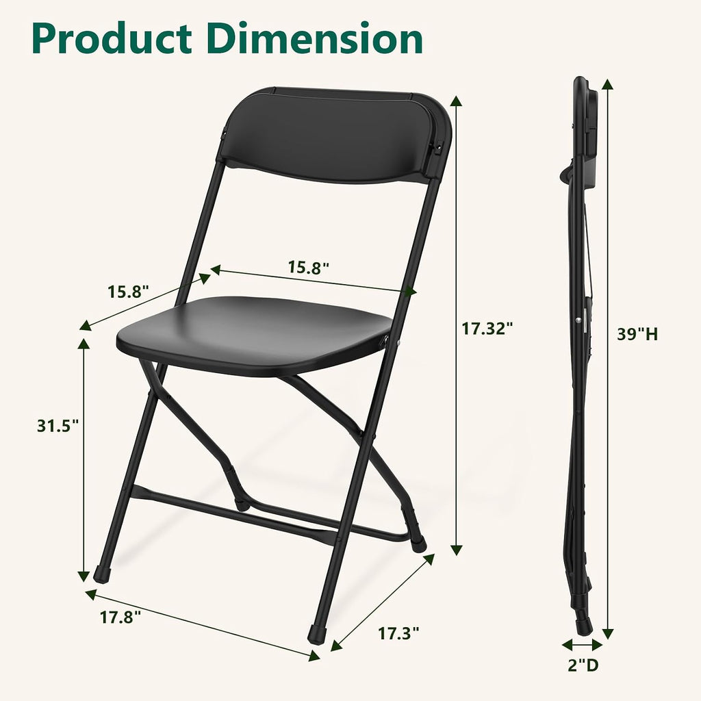 4 Pack Black Plastic Folding Chairs, Outdoor Portable Folding Chair with Steel Frame, 350lbs Capacity Stackable Foldable Chairs for Patio, Garden, Picnic, Kitchen, Events