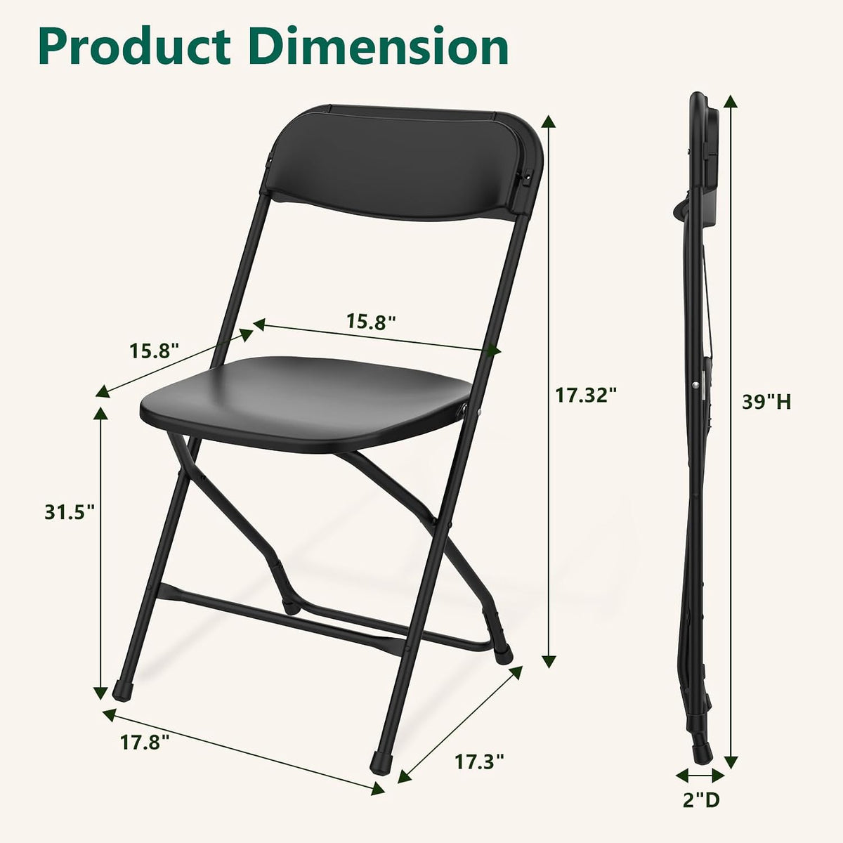 4 Pack Black Plastic Folding Chairs, Outdoor Portable Folding Chair with Steel Frame, 350lbs Capacity Stackable Foldable Chairs for Patio, Garden, Picnic, Kitchen, Events