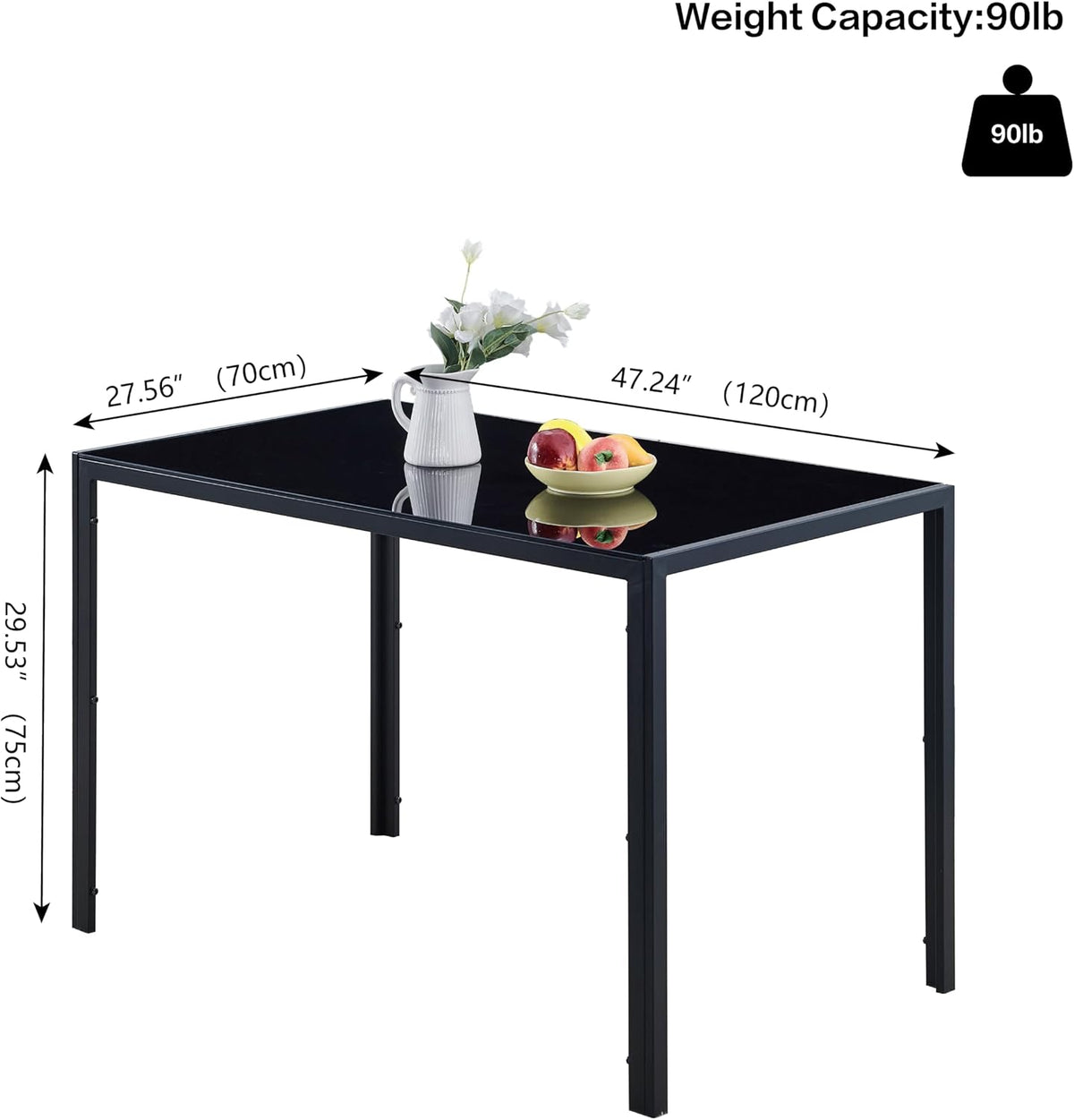 47.24" Glass Dining Table Modern Kitchen & Dining Room Table for 2-4 Rectangular Glass Dinner Table for Small Space (47.24" Black)