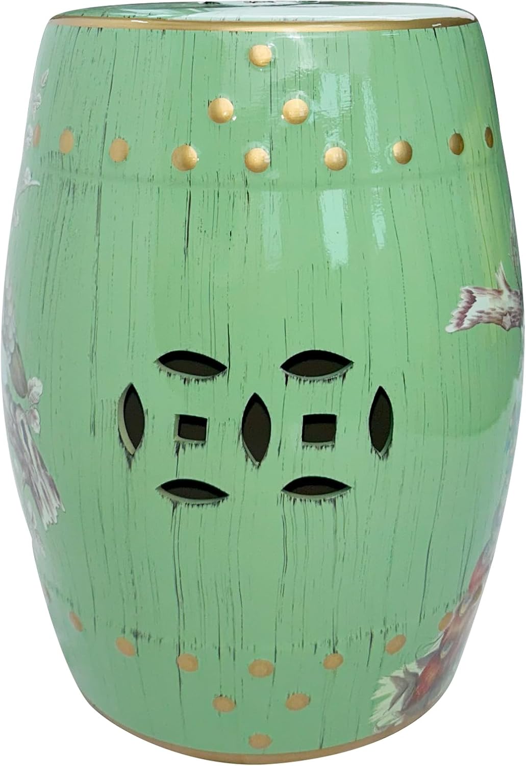 Hand-Painted Floral Bird Ceramic Drum Stool - Oriental Artistry Storage Ottoman, Accent Seat, End Table (Peacock‘s Majestic Bloom（Green）)