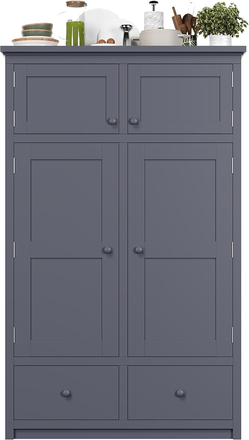 Tall Kitchen Pantry Cabinet with Adjustable Shelves, Freestanding Large Cupboard with 8 Door Shelves, 4 Pull-Out Trays, 6 Drawers for Kitchen, Dining Room (Grey)