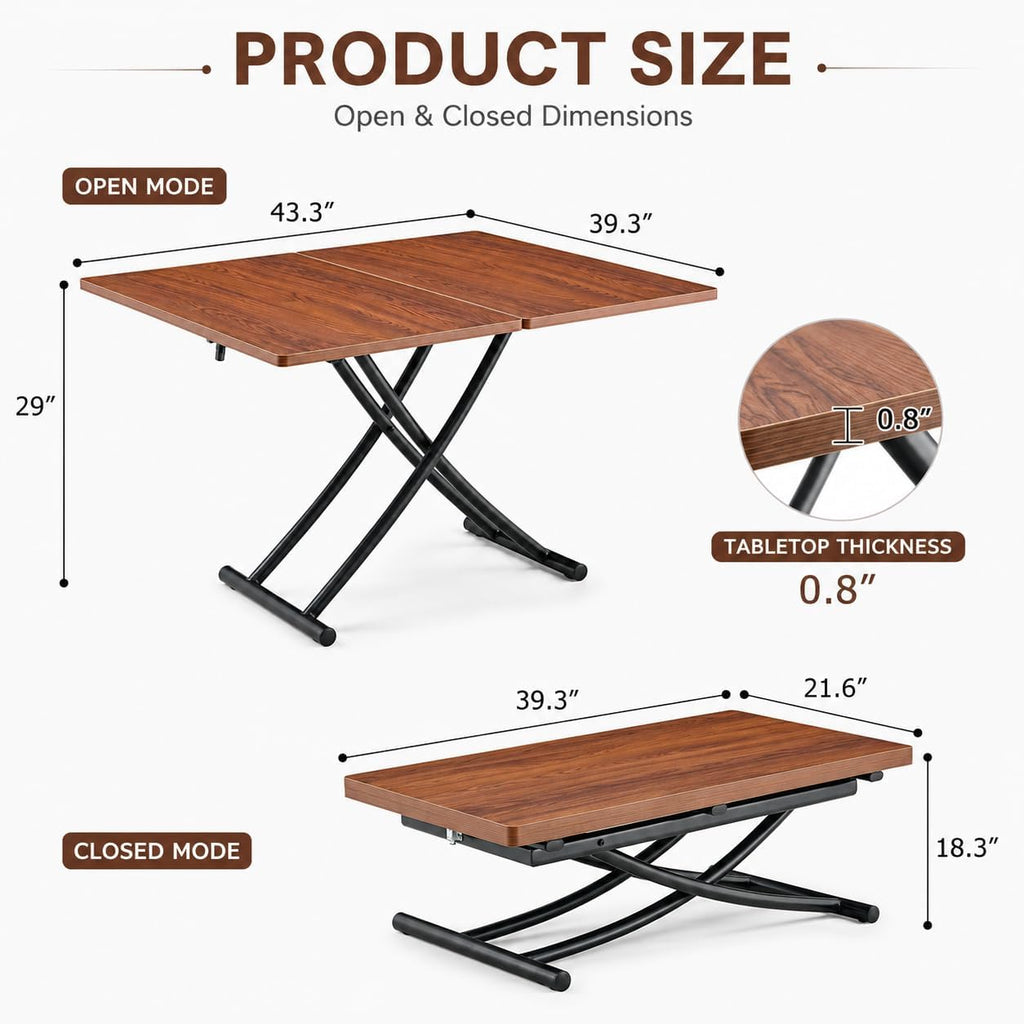 Liftable Folding Dining Table for 4, Adjustable Drop Leaf Table, Multi Functional Coffee Table for Small Spaces, Scratch-Resistant Wood Top with Metal Frame for Apartment Kitchen Living Room