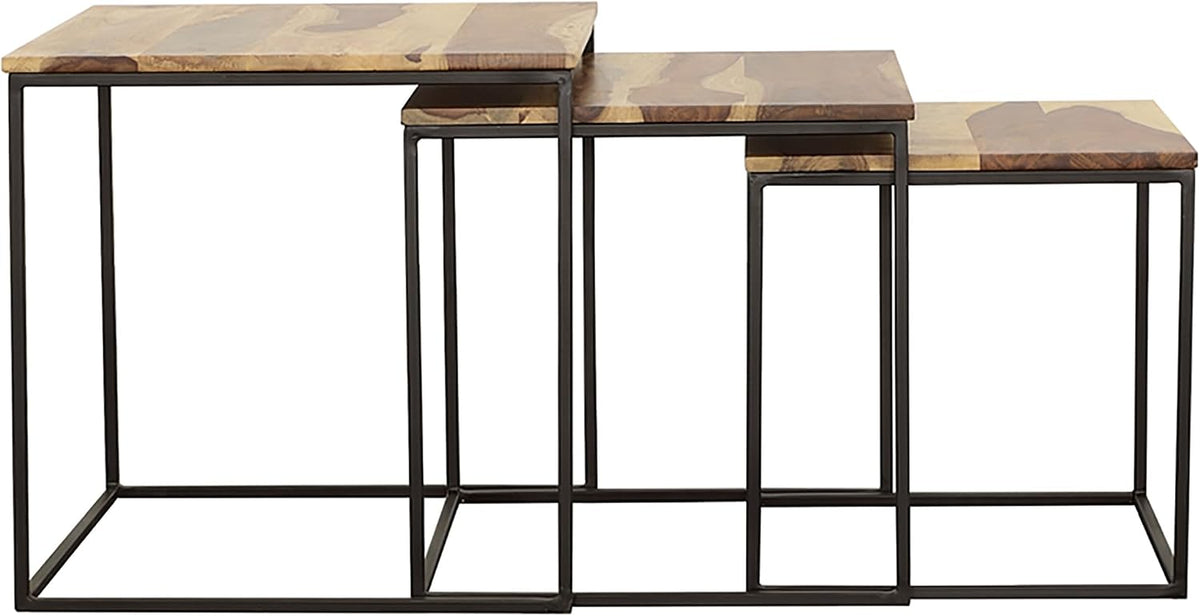 20" Natural Wood Stacking Nesting Tables, Set of Nesting Tables with Slender Metal Legs, Side Tables with Industrial Rustic Fusion for Versatile Home Living Spaces, Brown