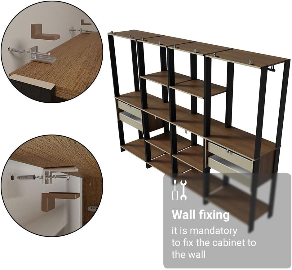 Madesa Kitchen Pantry Storage Rack with 4 Drawers, Open Shelves and Hanging Spaces 102" L Multiuse Modular Cabinet for Kitchen Organization - Black/Brown