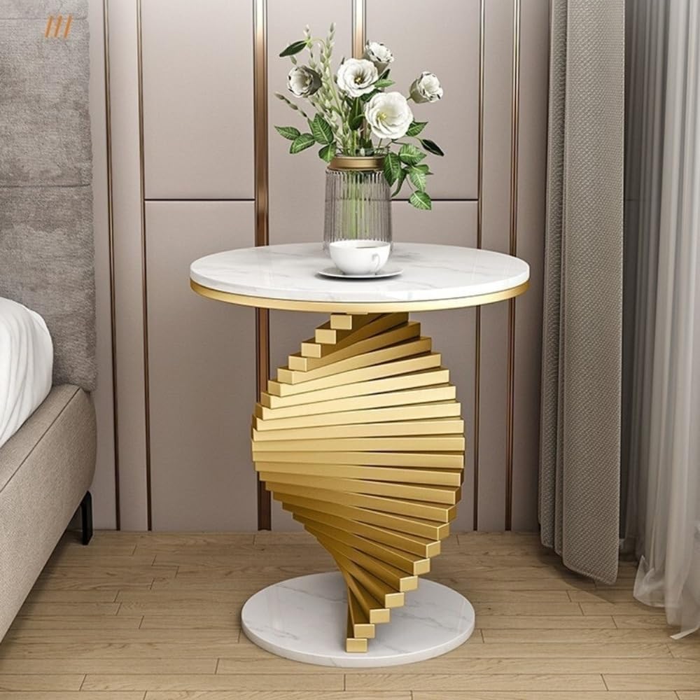 Round Marble Table Coffee Table, Luxury Living Room Side Table, Modern Bedroom Decoration Table, Suitable for Living Room, Bedroom, Study Room(White,19.7x21.7in)