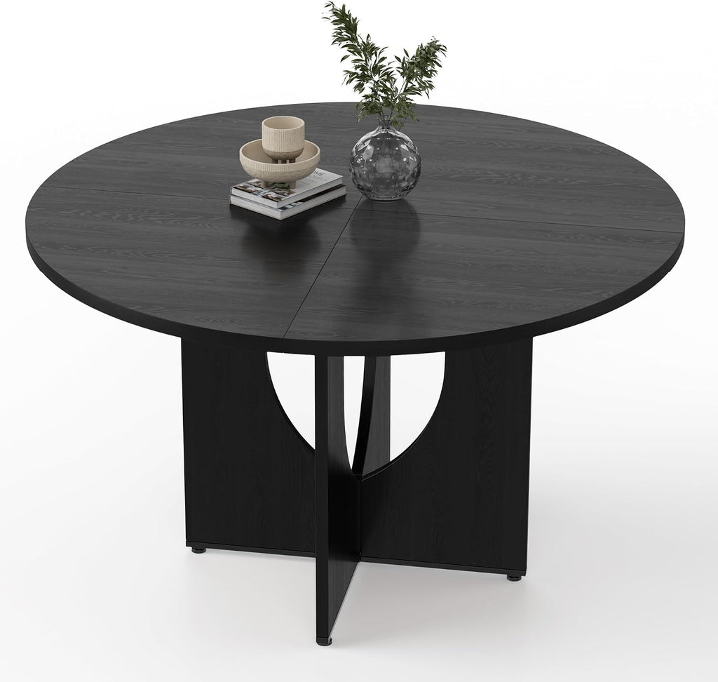 47 Inch Round Dining Table for 4-6, Modern Kitchen Table with Sturdy Wooden Pedestal Base, Dining Room Table, Circle Dining Table for Dining Room, Living Room, Cafe, Easy to Assemble - Black